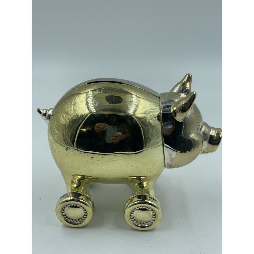 Reed & Barton Shiny Mirrored Silver-Plated Metal 5" Pig Piggy Bank on Heels